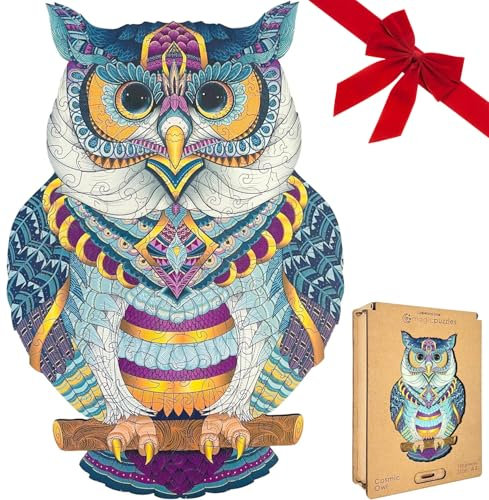 Lubiwood Verspielters Tierform-Holzpuzzle (42x29 cm) - Fördert Beobachtungsfähigkeiten und Zufriedenheit - kommt mit Holzgeschenkbox - Perfekt für Erwachsene (Kosmische Eule, Large (A3))