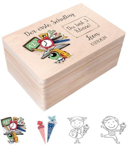 Creative Deco Personalisiert Einschulung Geschenk | Junge/Mädchen Schulanfang Geschenke | Einschulungsgeschenke Erster Schultag | Schultüte Holzkiste Erinnerungsbox | für 1. und 5. Klasse | Deko