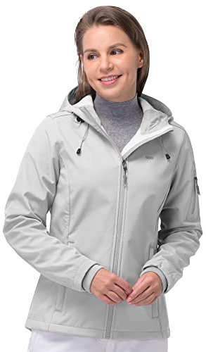 33,000ft Women's Waterproof Jacket, Ladies Lightweight Hooded Softshell Jacket Windproof Fleece Rain Jacket for Outdoor Hiking Light Grey S