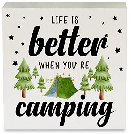 Life is Better Camping Holzkiste Schild Rustikales Camping Camper Holzkiste Schild Dekoratives Landschild Block Plaque für Zuhause Schreibtisch Tisch Regal Dekor 12,7 x 12,7 cm