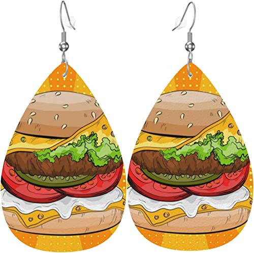 Köstliche Hamburger-Ohrringe aus Leder für Damen und Mädchen, tropfenförmige Kunstleder-Ohrringe, metallische Tropfen-Ohrringe