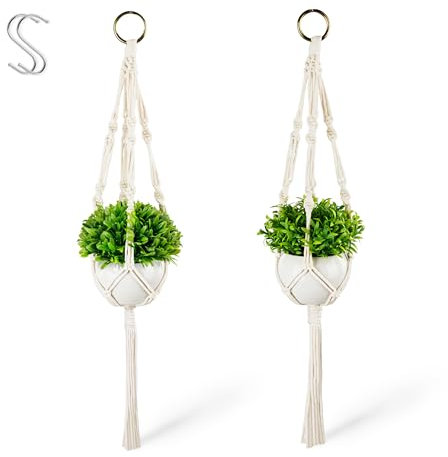PASCH® Lot de 2 plantes artificielles avec macramé suspendu et pots en céramique blanche - Plantes artificielles (14 cm) + suspension en macramé (60 cm) - Plantes suspendues artificielles
