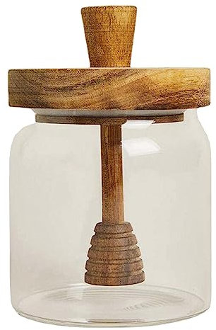Gralara Honey Jar Pot Glass Honey Container Honey Storage Jar Transparent Honey Dispenser with Wooden Dipper and Lid Cover for Home Kitchen
