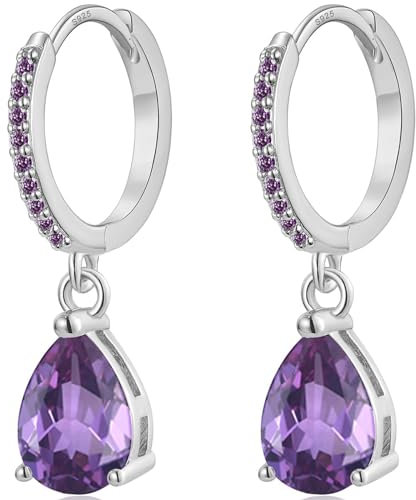 MASOP Creolen Silber 925 11mm mit Anhänger Purpur Violett AAA Zirkonia 9mm Silberohrringe Lila Wassertropfen Stein Hängend Klein Schmuck Geschenke für Damen Freundin Frauen Mädchen