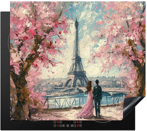 KitchenYeah© Protège Plaque Induction 60x52 cm Deco Cuisine Accessoire Pratique Protection De Vitroceramique Kitchen Gadget Tour Eiffel - Couple - Rose - Romantique - Arbres - Paris
