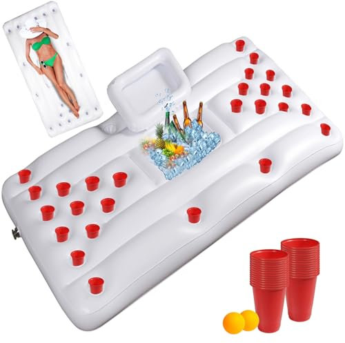 28 Tassenlöchern Aufblasbarer Pong Tisch 180 x 95 cm Luftmatratze Pool Pong Game mit 28 Kunststoffbechern und 2 Ping Pong Bällen für Sommer Schwimmbad Party Pool Wasser-Spaß Strand Mottoparty