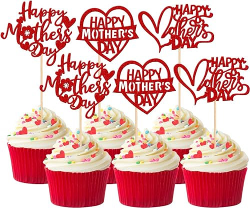 36 Stück Happy Mother's Day Cupcake Toppers Glitzer Herz I love you Mom Tertendeko Blume Best Moms Kuchen Deko Für Happy Mother's Day Theme Frauen Geburtstag Party Kuchen Dekorationen Rot