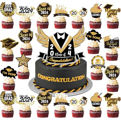 CYGMRFH Abschluss Tortendeko Graduation, 25 Goldene Cake Topper, Metall Tortenstecker, Bachelor Hut Deko, Abschlussfeier Party Deko Geschenke