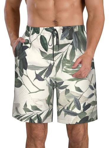 Costume da bagno da uomo con foglie di palma carino, ad asciugatura rapida, con fodera e coulisse elastica in vita, per il divertimento estivo, bianco, XL