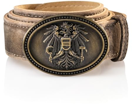 Schöneberger Trachten Couture Herren Trachtengürtel Österreich, Ledergürtel mit Austria Adler Schnalle, Lederhosen Gürtel aus Wildbock-Leder, Franco