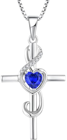 starchenie Damen Kreuz Halskette 925 Sterling Silber Herz Geburtsstein Saphir Zirkonia Anhänger Notiz Notenschlüssel Kette Schmuck Geschenke