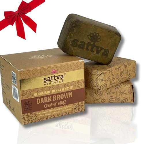 Sattva Ayurveda – Revolutionäre Naturhaarfarbe im Henna-Block Dunkelbraun – Mit pflegenden Ölen und Kräutern – Bio Pflanzenhaarfarbe ECOCERT – Intensive Grauabdeckung und Pflege – 3 Blöcke à 80g