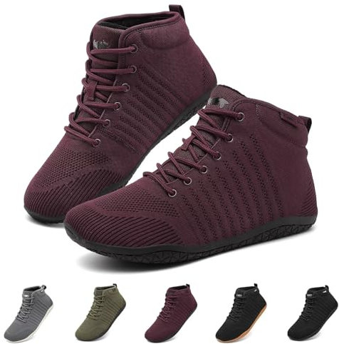 Geweo Herbst Schuhe Damen Barfußschuhe Winter Herren Barfuss Sneaker Barfussschuhe Traillaufschuhe Walkingschuhe Winterschuhe Trail Running Minimalistische Schuhe Rutschfeste Bequem Weinrot 40EU