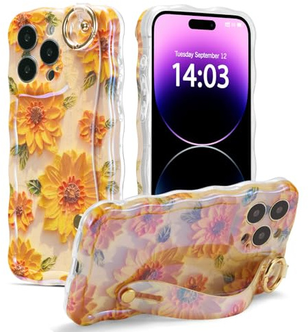 EYZUTAK Case with Hand Strap for iPhone 13 Pro Max, Sunflower/Yellow | Colorful Floral Case With Wristband Kickstand Function, Laser Curly Wave Edge, Stylish Durable TPU Protective Cover for Women
