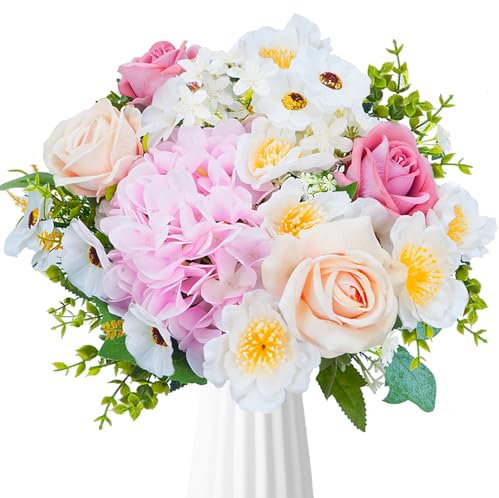 Zythrem Bouquet Fiori Finti per Decorazioni Fiori Artificiali da Esterni Fiori di Plastica Rosa Ortensia, Fiori Artificiali di Seta per Matrimoni, Feste, Decorazioni per la Casa