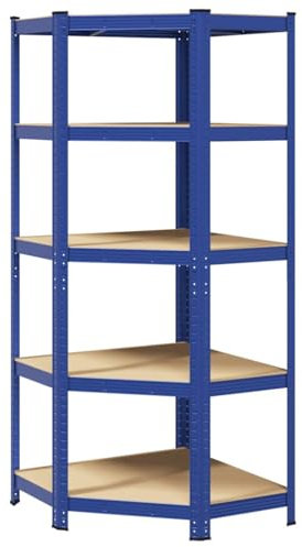 vidaXL Blue Steel & Engineered Wood 5-Layer Corner Shelf - 75x75x180 cm, Adjustable, Heavy Duty Storage Rack for Garage, Home, Office, Industrial Style