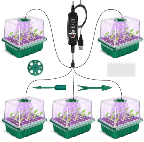 DOUUCO Mini Serre pour Plantes, 5 Pièces Bac à Semis avec Tapis Chauffants, Contrôleur de Minuterie Luminosité Réglable, Boîte de Culture Durables, avec Couvercle Haut et Ventilation
