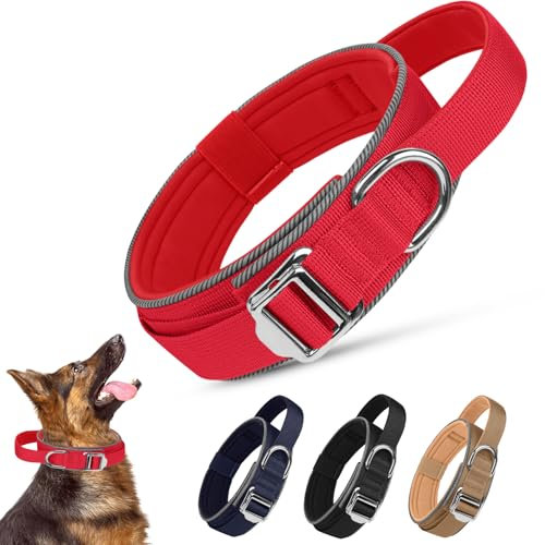 Ledeak Collier Chien Tactique, Réglable Nylon Collier pour Chien, Réfléchissant Néoprène Doux Collier Anti Stress Chien avec Boucle Métallique Portable pour Moyens et Grands Chiens (Rouge, M)