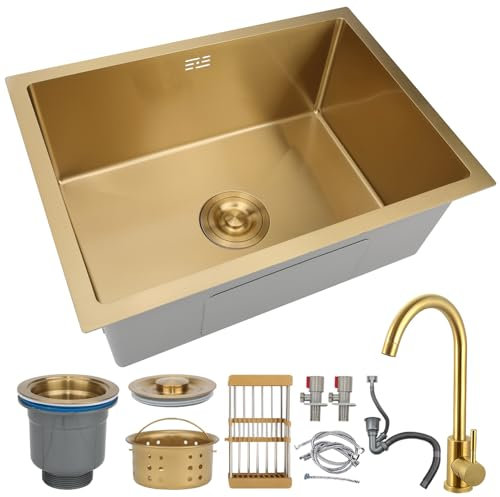 DSMRLEOP Fregadero De Cocina De Acero Inoxidable Dorado, Diseño De Cocina de 1 Cubeta En Varios Tamaños, Fregadero De Barra De Instalación Empotrada O Bajo Encimera, con Kit de sifón, rebosadero y des