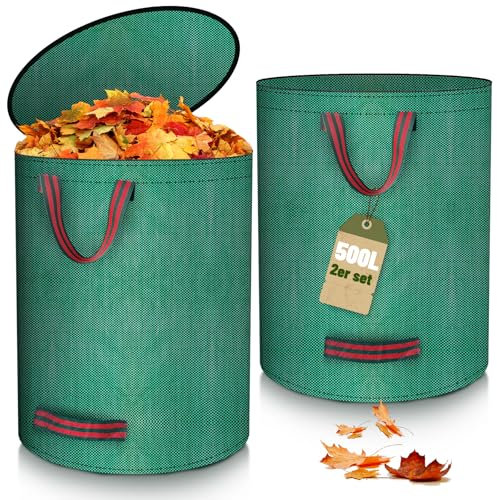 BuzzoXerex 2x Gartenabfallsack mit Deckel, Gartensack 500L Selbststehend mit 4 Reißfesten Griffe, Wasserdicht, Faltbar, Wiederverwendbar Laubsack Groß für Gartenabfälle und Grünschnitt