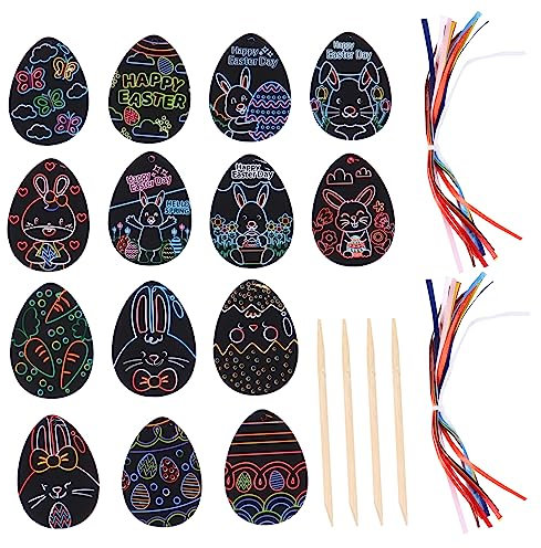 Vaguelly 60stücke Kratzbilder Teilig Bunte Kratzpapier Ostereier Mit Holzstiften Und Bändern Für Kreative Bastelprojekte Und Osterdekoration Für Erwachsene