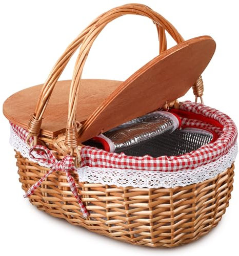 DoubleFill Isolierter Picknickkorb aus Weidengeflecht mit Deckel, Picknickkorb mit klappbaren Griffen und isolierter Kühltasche für Picknick, Camping, Outdoor, Ostern, Valentinstag, Geburtstag (rot