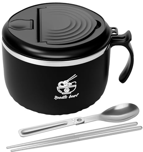 Gatphy 1600ml Rapid Ramen Bowl with Filterable Lid, 304 Stainless Steel Noodle Bowl Ramen Cooker, Microwave Noodle Bowl with Chopsticks and Spork Portable Soup Bowl for Dorm Home Office(Black)