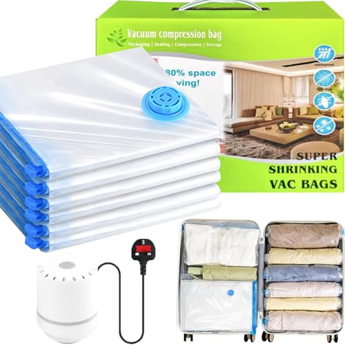 6 Pack Vacuum Storage Bags with Electric Pump | 6 Large | Reusable Dustproof Waterproof Compression Bags for Clothes, Duvets, Bedding, Travel & Moving | Dustproof Waterproof Compression Bags