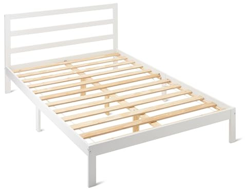 Amazon Basics Doppelbettgestell mit Kopfteil, Massives Kiefernholz mit Lattenrost, 140cm x 200cm, Doppelbett, Weiß