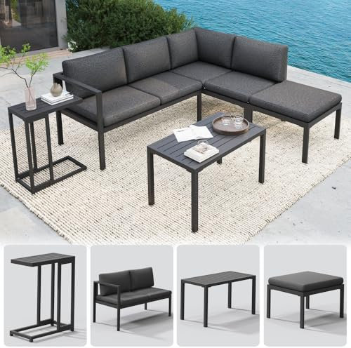 Melko Aluminium Essgruppe Set Ecklounge mit Hocker und Beistelltisch | wetterfest und rostfrei | Sitzgruppe variabel aufstellbare Elemente extra Dicke Wasserabweisende Kissen Sitzecke Outdoor