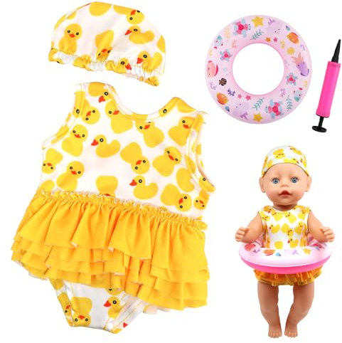 Schwimmset für Puppen Entemotiven, Puppenkleidung Sommer 4teilig Puppen Badeanzug Set mit Schwimmring Hut, Puppen Kleidung Outfits für 35-45cm Baby Puppen Geschenke für Mädchen Jungen Kinder