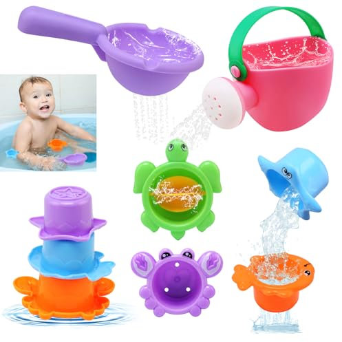BelleStyle Juguetes Baño Bebe, Juguetes Bañera Niños Niñas 1 2 3 4 Años, Vasos Apilables Regadera Juguetes de Ducha Piscina Playa Juegos de Agua Montessori Juguete Educativo Regalo para Niños