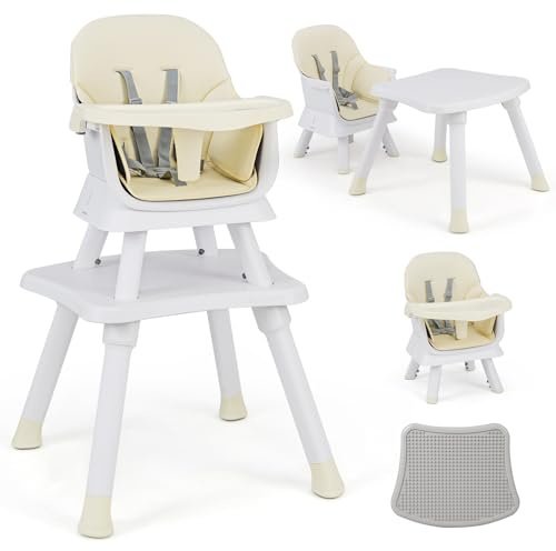 COSTWAY 6 en 1 Trona Bebe, Silla Alta para Bebés, Trona Evolutiva Bebe Convertible, Trona Portatil Bebe, Silla de Alimentación Infantil con Arnes de 5 Puntos, Bandeja y Cojín Desmontables (Beis)
