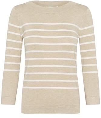 KAFFE Women's Pullover Boat Neck 3/4 Sleeves Slim Fit Soft Knit, Feather Grey Mel./Chalk Stripe, XS