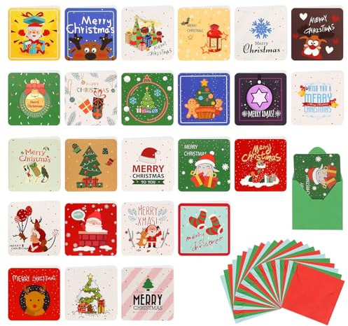 24 Stück Klein Weihnachtskarten mit Umschlag, 7x7cm Klappkarten Weihnachten, Weihnachtskarten Set Blanko Karte Weihnachten Weihnachtskarte Postkarten für Weihnachtsgeschenke Winterferien