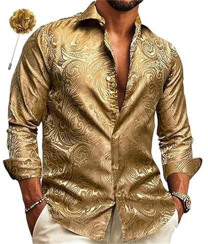 Camisa para hombre, negocios, boda, informal, corte cómodo, tallas grandes, manga larga, con botones, camisa de fiesta, corte regular, elegante, camisas para hombre, camisa tradicional, dorado, XL