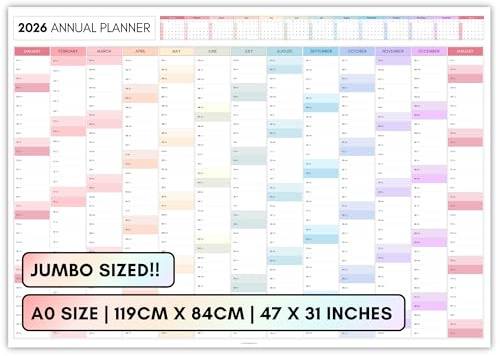 Riesiger Monats-Wandplaner 2026, A0, 119 cm x 84 cm, doppelseitiger Jumbo-Druck, Wandkalender 2026, Jahresplaner, ganzjähriges Ansicht, Organizer für Büro, Uni, Schule, gefaltet (bunt)