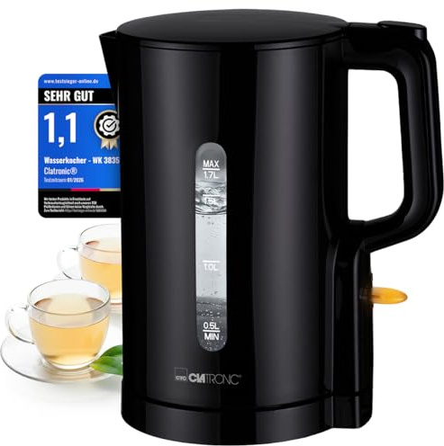 Clatronic® Wasserkocher 1,7L | 2200W für schnelles Erhitzen | BPA frei | Einhandbedienung | Wasserstandsanzeige | Kettle | Überhitzungsschutz | WK 3835 schwarz