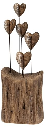 formano Deko Objekt Holz Herzen Standdeko 29 cm aus Naturholz mit 5 Metallherzen auf massivem Holzblock, rustikale Wohnraum Deko für Wohnzimmer, Sideboard & Geschenkidee