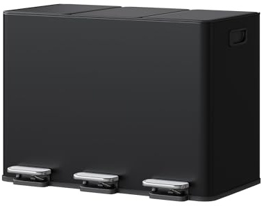 GarveeHome Mülleimer Küche, Mülleimer 3 fächer, Mülltrennsystem 3 x 15 Liter, Tretmülleimer mit Edelstahldeckel, Softclose-Deckel mit Inneneimer für Recycling und Restmüll, Schwarz