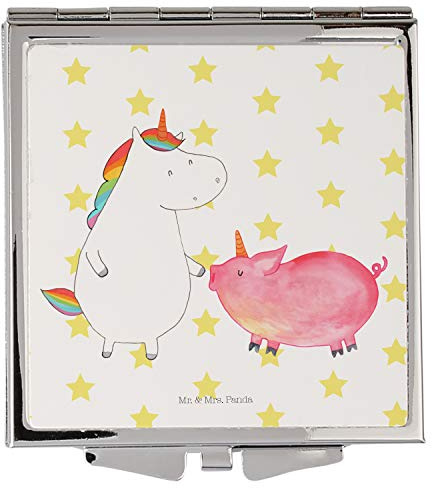 Mr. & Mrs. Panda Handtaschenspiegel quadratisch Einhorn Schwein - Geschenk, Freundschaft, Schminkspiegel, Schweinhorn, silber, Einhörner, Unicorn,