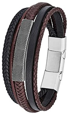 s.Oliver Bracciale da uomo in acciaio inossidabile e pelle, 20+1,5 cm, nero, fornito in confezione regalo per gioielli, 2026110, Multicolore