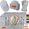 MAHEWA® 6er Set Premium Filz Tischset Platzset mit 6X Glasuntersetzer 1x Halter und 6X Bestecktaschen rutschfest Ab-waschbar Hellgrau mit braunem Logo