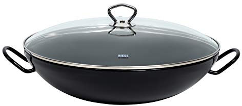 Riess, 0385-022, Wok mit Glasdeckel 36, CLASSIC - SCHWARZEMAILLE, Durchmesser 36cm, Maße 44,5 x 36 x 16,5cm, Inhalt 4 Liter, Emaille, schwarz, Induktion