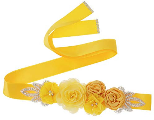 Lauthen.S Schärpe Gürtel mit Blumen Perlen Strass für Hochzeit Braut Baby Shower Kleid, gelb, Einheitsgröße