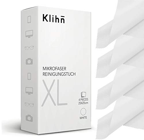 Klihn - Mikrofaser Brillenputztücher XL (4er Pack / 25cm x 25cm) in Optikerqualität auch für Displays und Objektive (Große Mikrofasertücher aus feiner Spezialfaser, waschbar) (XL-Weiß)