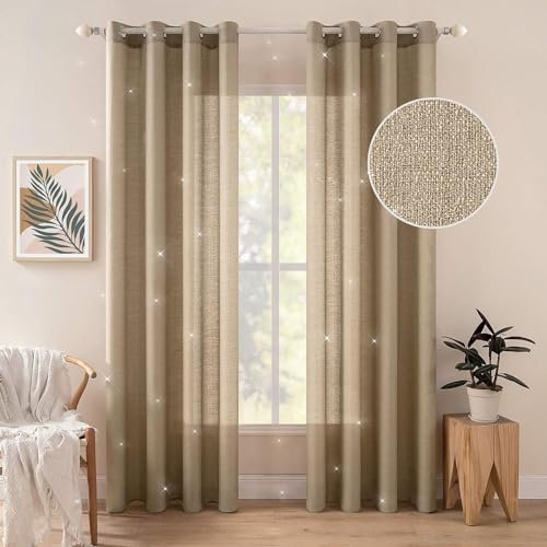 MIULEE 2er Set Voile Vorhang Sheer Leinenvorhang mit Ösen Transparente Unregelmäßige Textur Gardine Ösenschal Fensterschal Lichtdurchlässig für Schlafzimmer, Goldbraun, 280cm x 140cm(H X B)