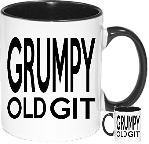 Grumpy Old GIT Novelty Gift Mug. White Ceramic Mug with Black Handle and Black Inner. Jokey Workplace Gift Mug.