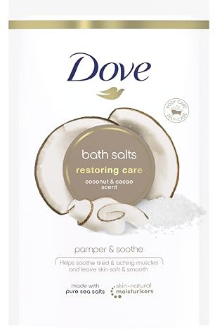 Dove Restoring Care Coconut & Cacao Bath Salts with skin-natural moisturisers to relax your mind & body, leaving your skin smooth & soft 900 g
