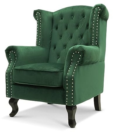 Chesterfield Wingback Fireside Emerald Green Velvet Chair - High Backed & Seat, Soft Comfy Fabric, Sturdy Queen Anne Winged Accent Armchairs for Living Room Conservatory Bedroom Reading Chairs
